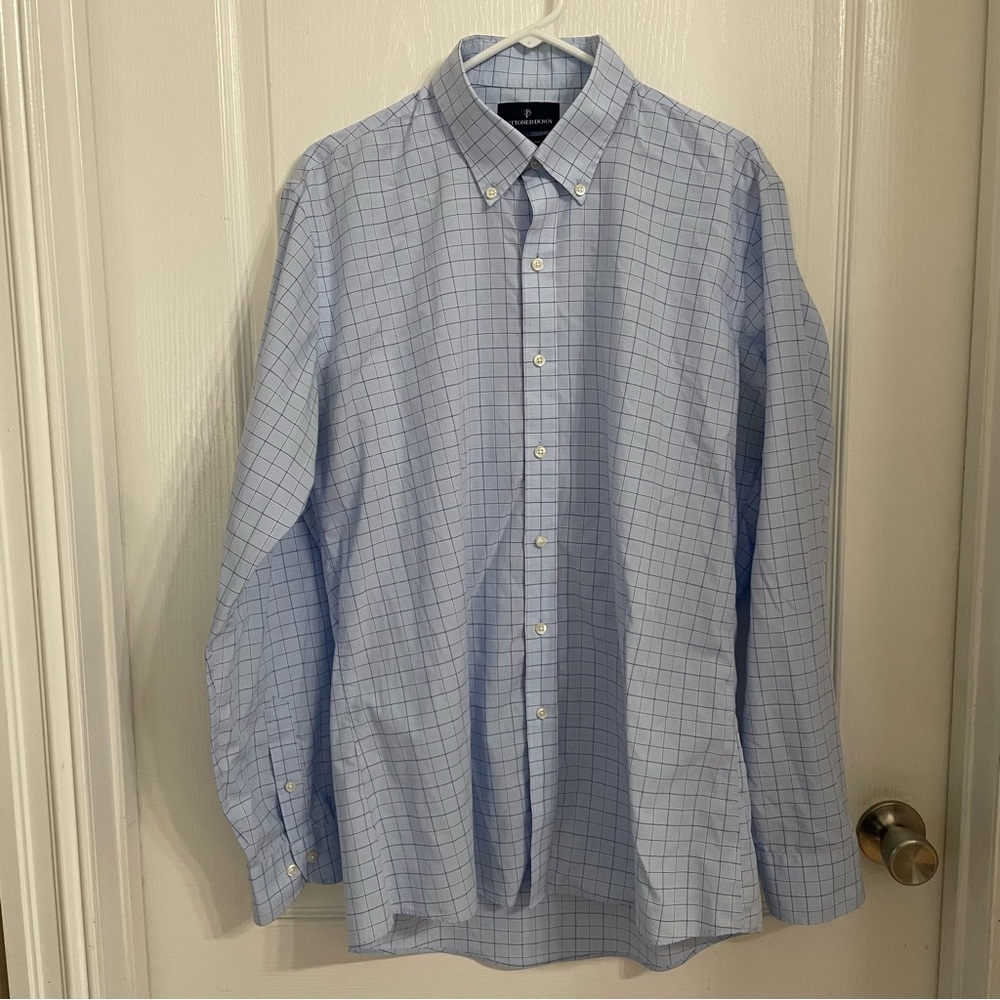 Men's BUTTONED DOWN Slim Blue and White Windowpane Check Shirt Size 17 - 36
